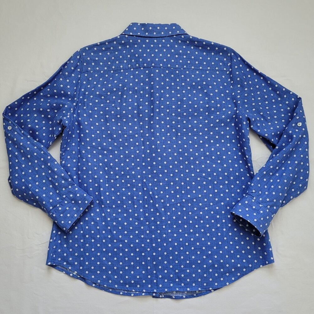 Talbots Polka Dot Shirt Button Up 100% Linen Medium Preppy Coastal Chic Classic - Picture 9 of 11